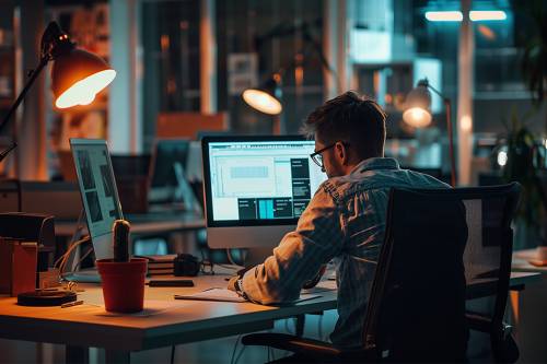 Foto: Mann sitzt an seinem Arbeitsplatz mit zwei Bildschirmen 