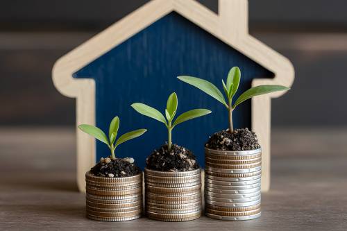 Foto: Holzhäuschen mit Münztürmen und Pflanzensprösslingen davor